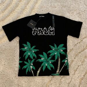 Palm Angels Flaming Letters Skull Palm Trees Black T-Shirt Men size Large